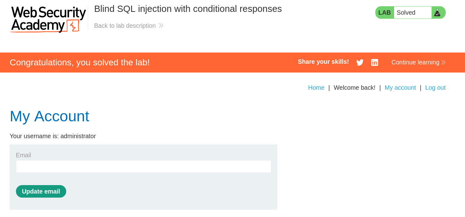 Admin panel access confirming lab completion and successful exploitation