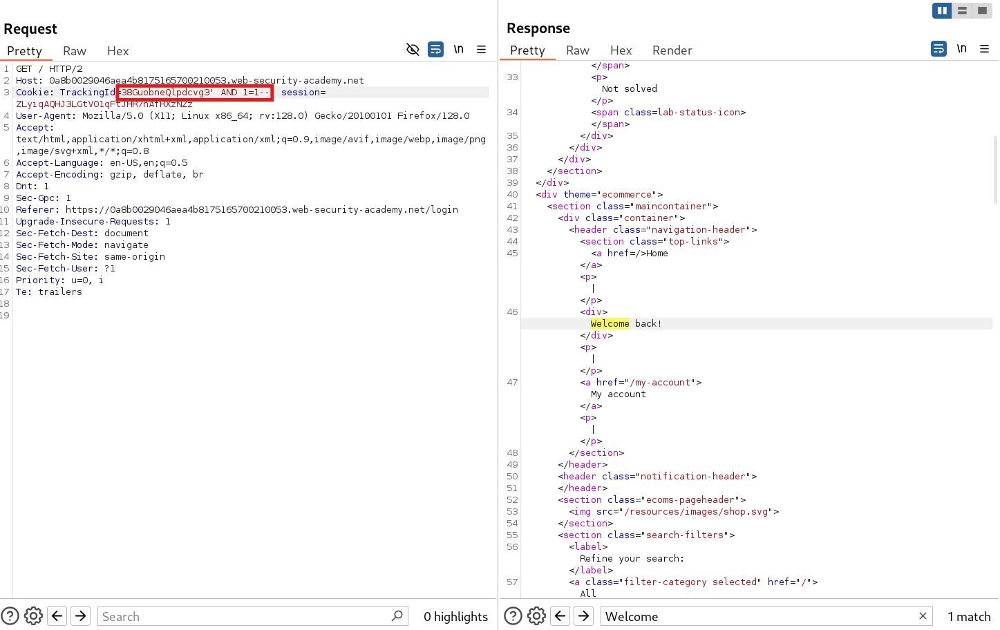 Successful Blind SQLi response with Welcome message confirming vulnerability