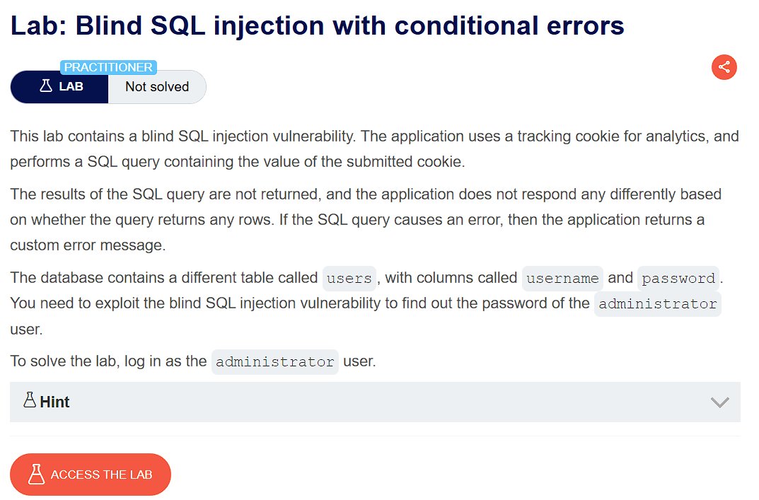 PortSwigger lab start screen for Blind SQL Injection with Conditional Errors challenge