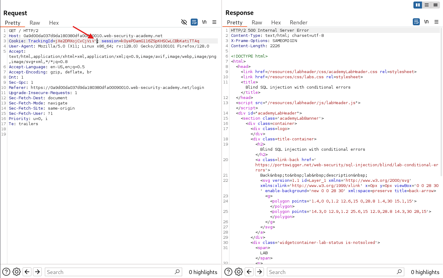 BurpSuite Repeater response showing Internal Server Error after SQL injection payload