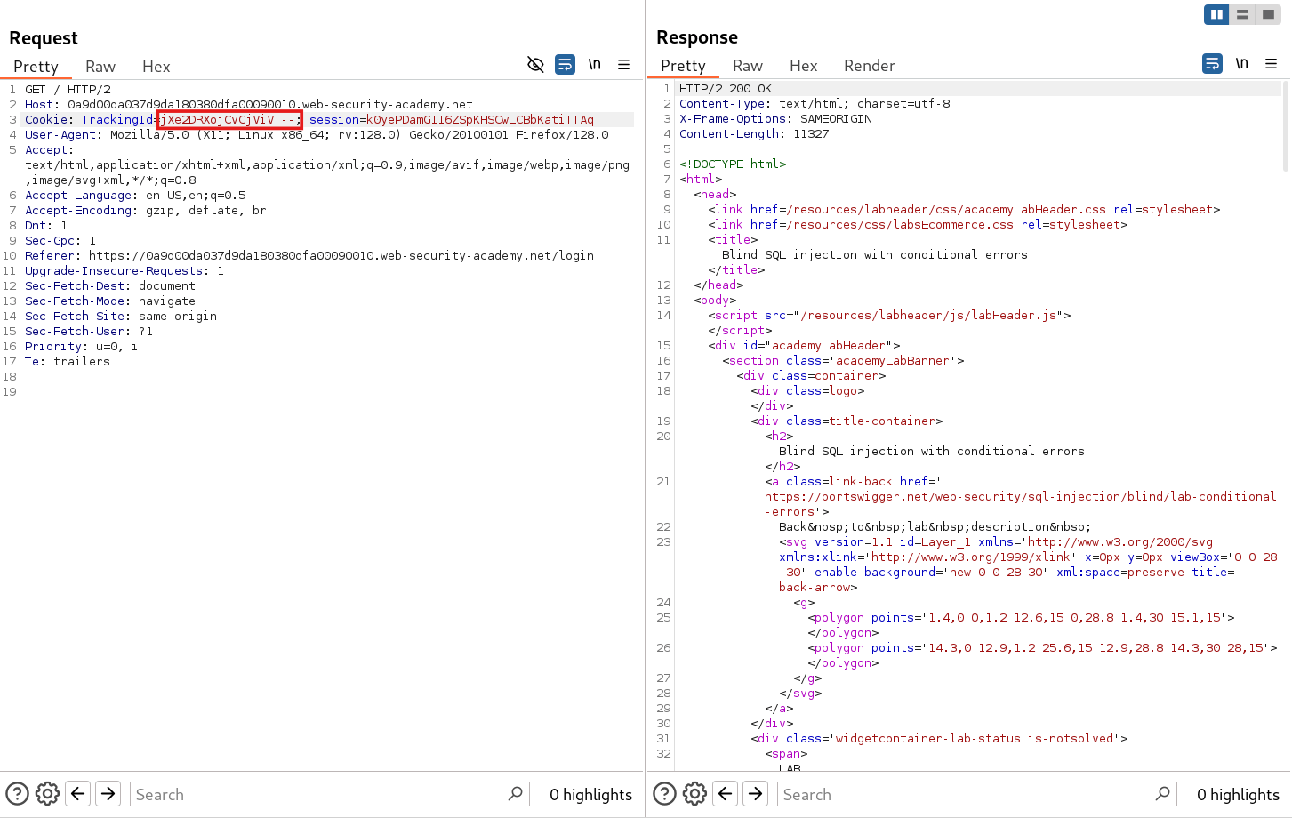 BurpSuite Repeater request testing comment sequence for database fingerprinting