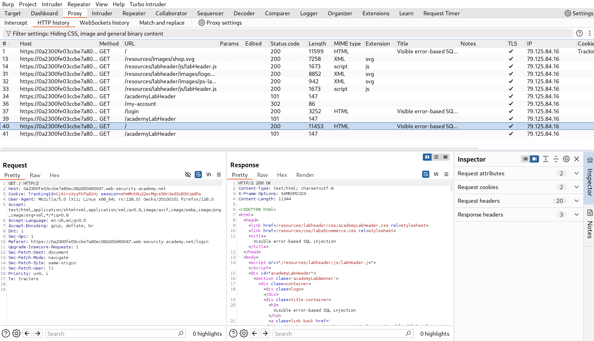 BurpSuite Repeater with TrackingId cookie injection request
