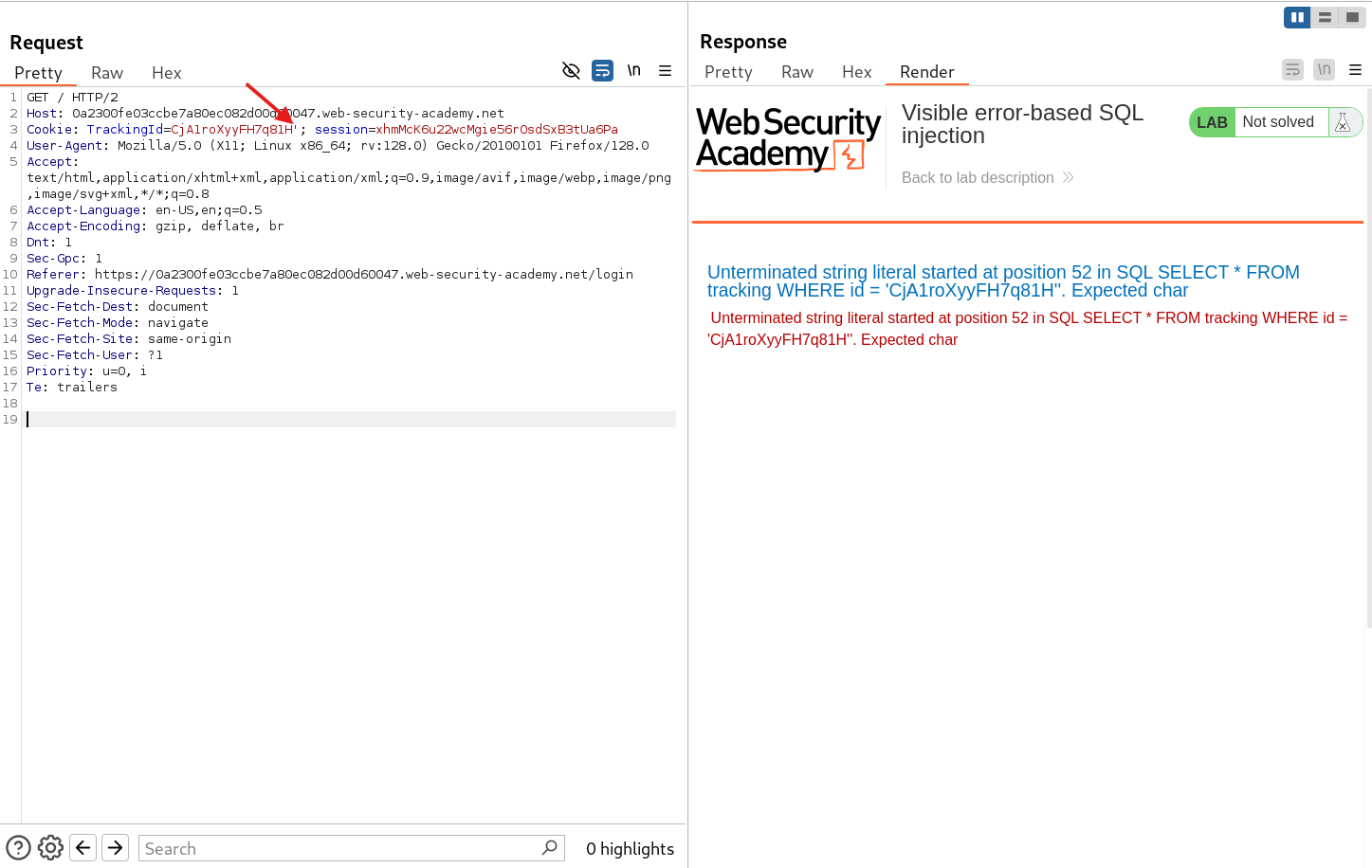 Internal server error with visible SQL error message in BurpSuite