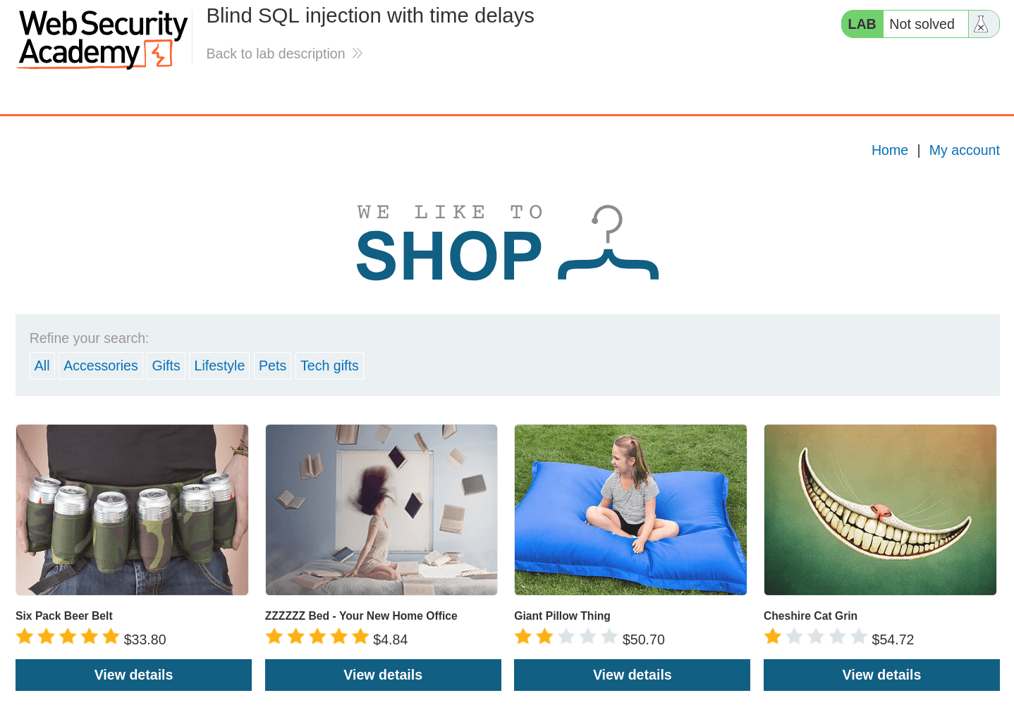 Homepage of the vulnerable shopping website showing product categories and login option