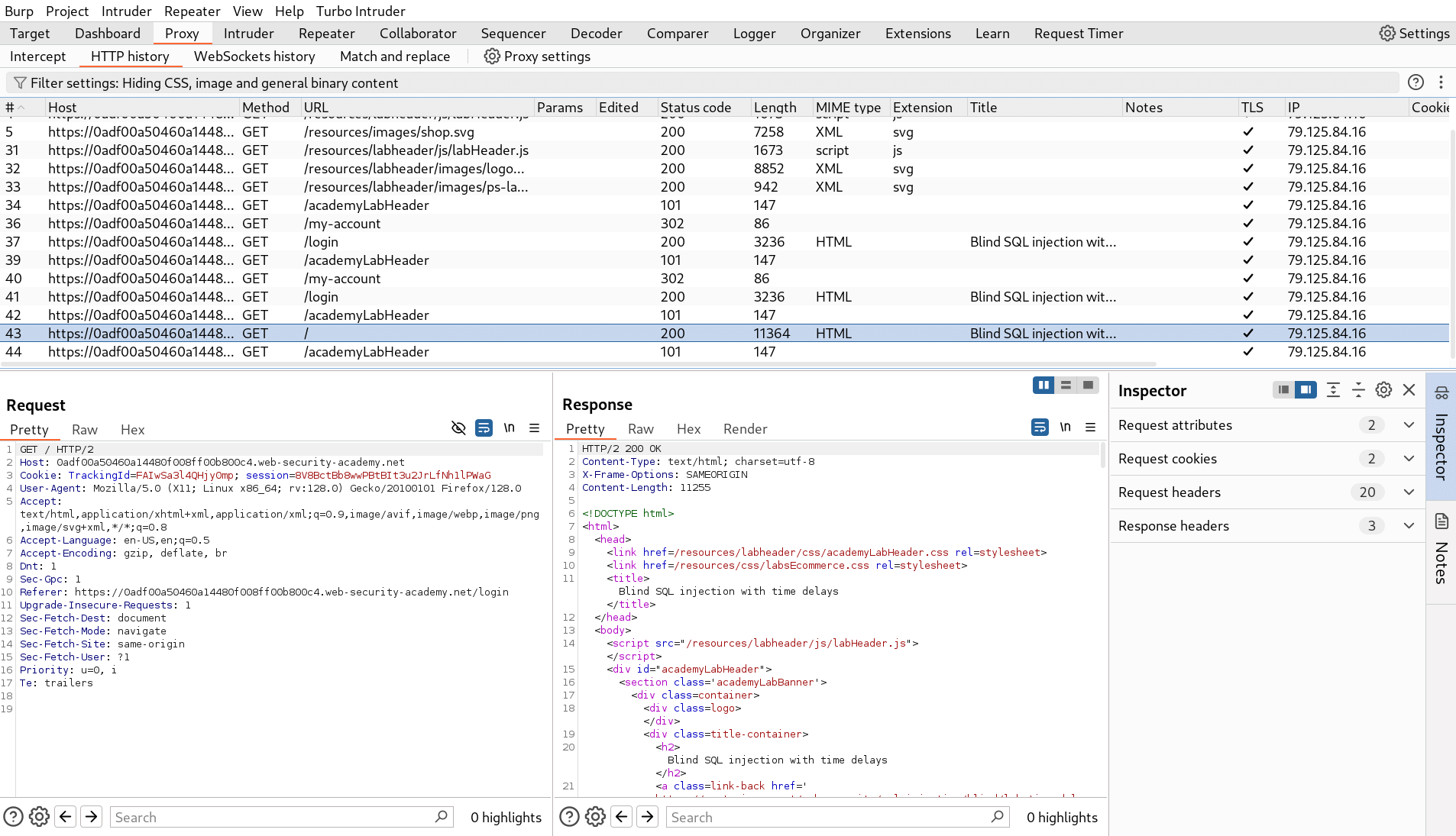 BurpSuite Repeater tab with TrackingId cookie request prepared for SQL injection payload