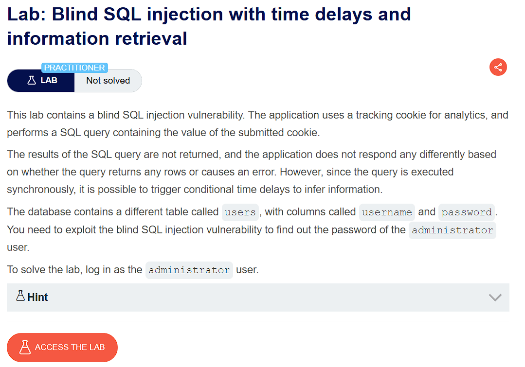 PortSwigger Blind SQL Injection with Time Delay lab description showing objective and difficulty