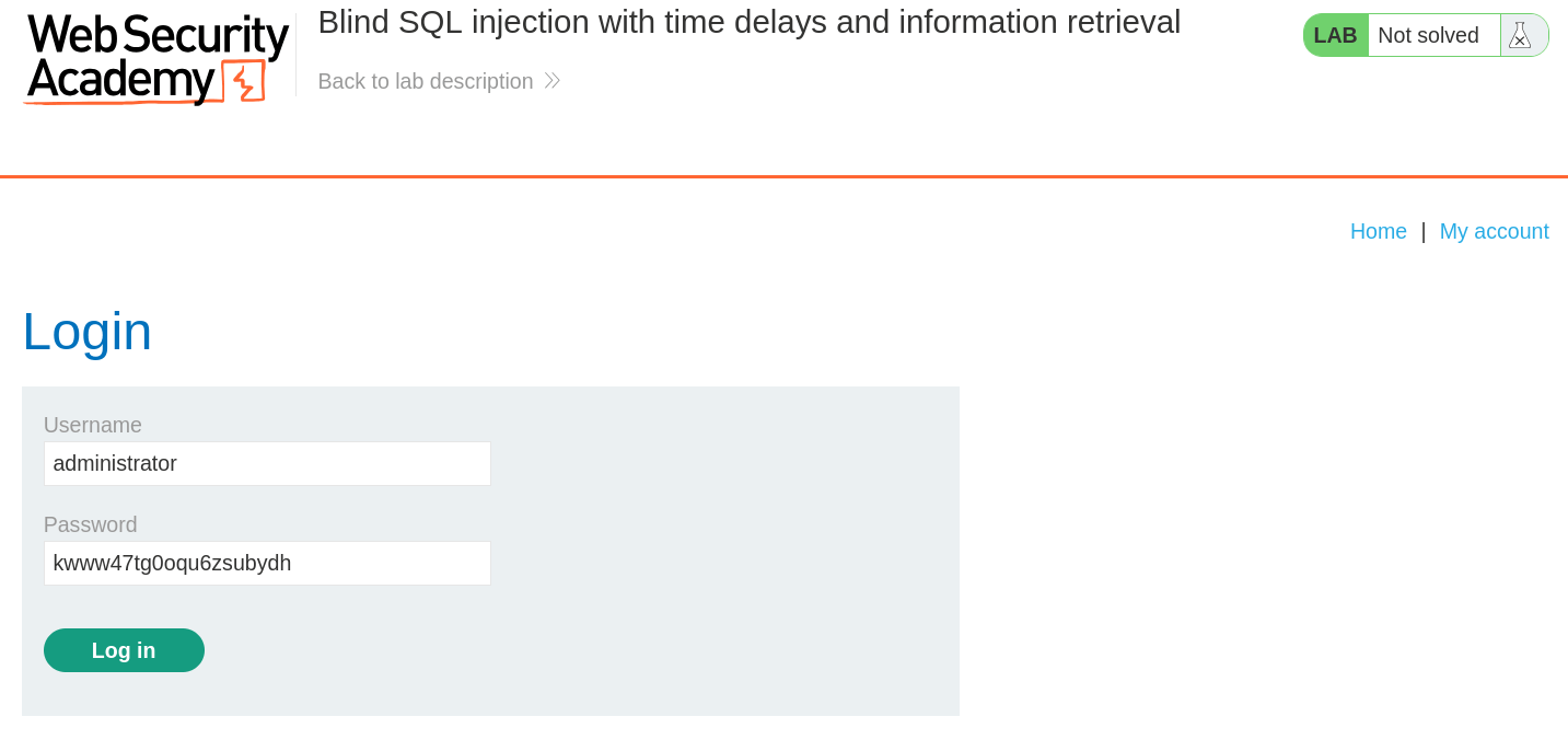 Login page with administrator credentials entered after successful blind SQL injection password extraction