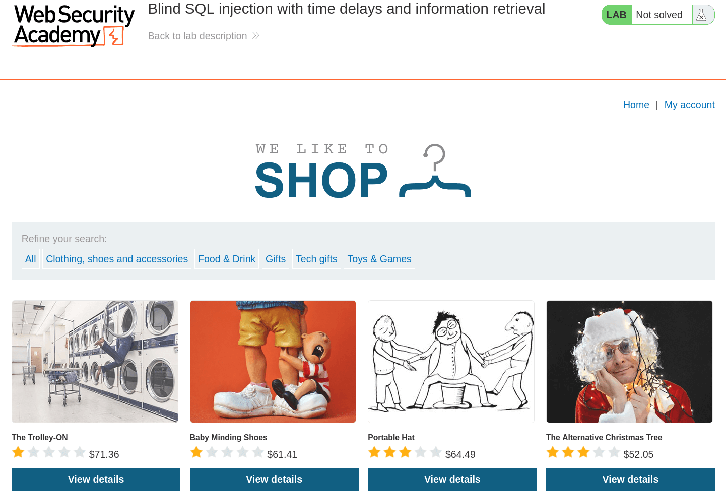 Homepage of the vulnerable PortSwigger shopping website showing product categories and login option