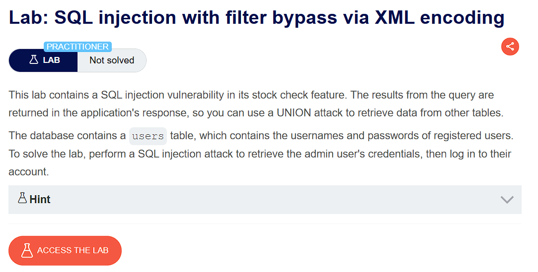 PortSwigger lab description page for SQL Injection – XML Enocoding