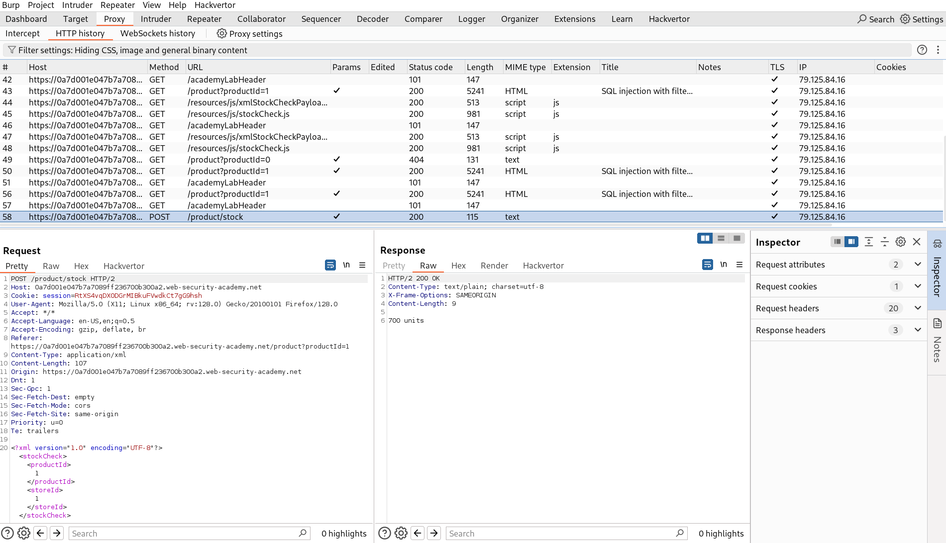 BurpSuite Repeater request testing XML input for SQL Injection vulnerability
