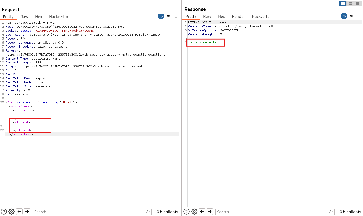 403 Forbidden WAF block response during SQL Injection attempt
