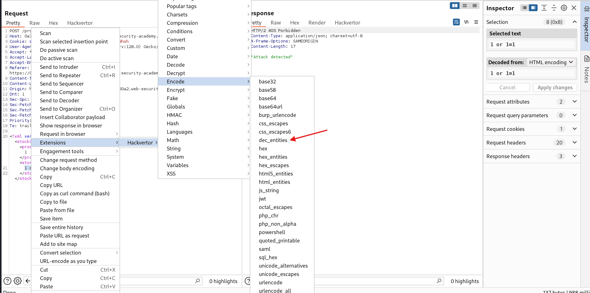 BurpSuite Hackvertor encoding payload with dec_entities to bypass WAF