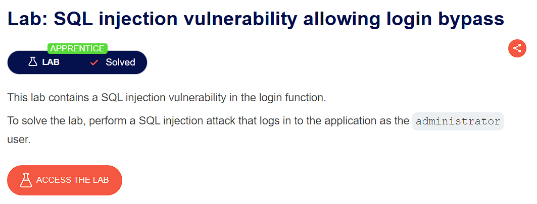 PortSwigger lab description page for SQL Injection – Login Bypass