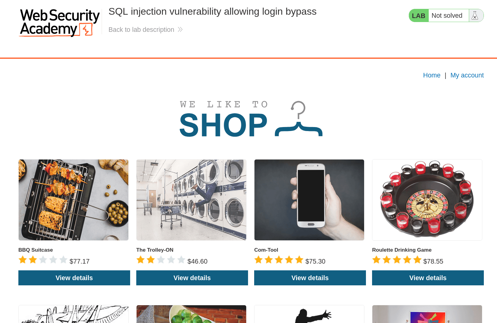 SQLi lab instance showing vulnerable shopping site