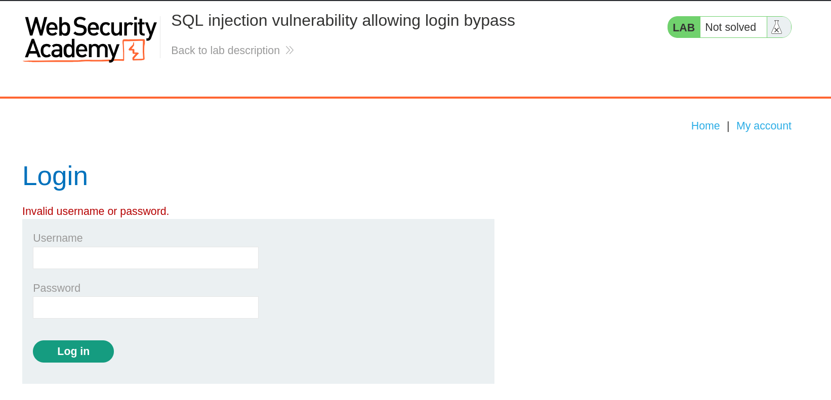 Login page of the vulnerable web application in PortSwigger lab