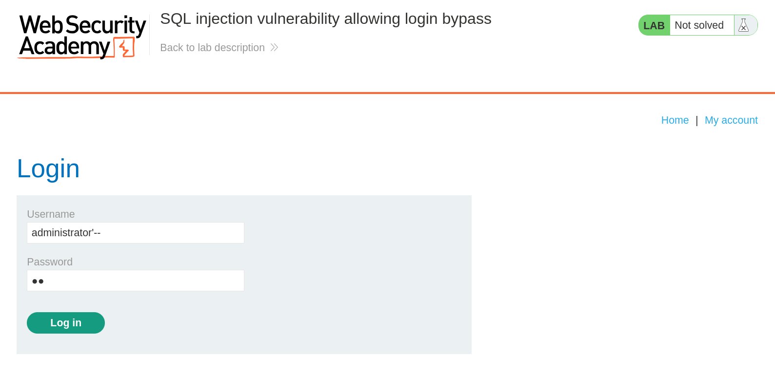 SQL injection payload injected in the username field to bypass login