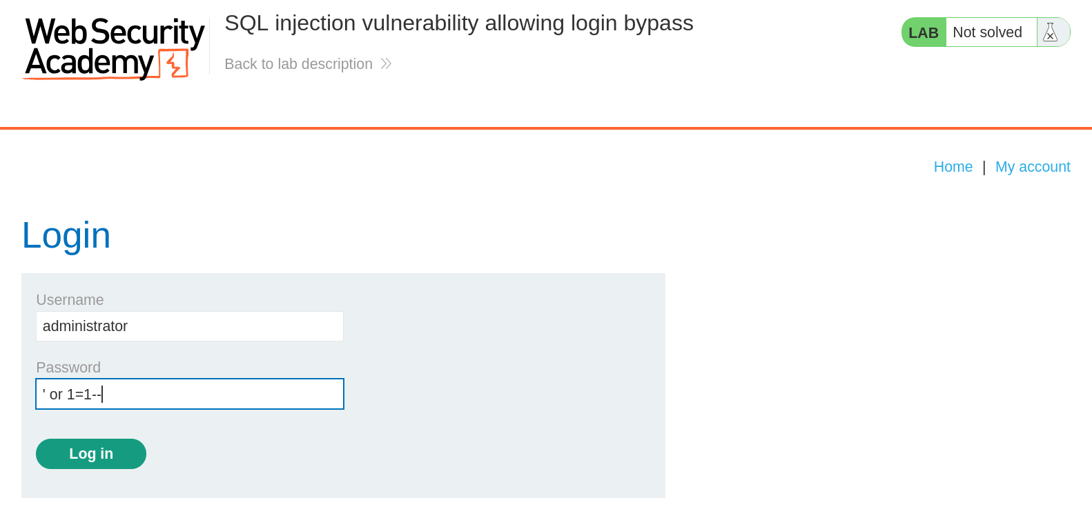 Payload injected in the password field to achieve login bypass