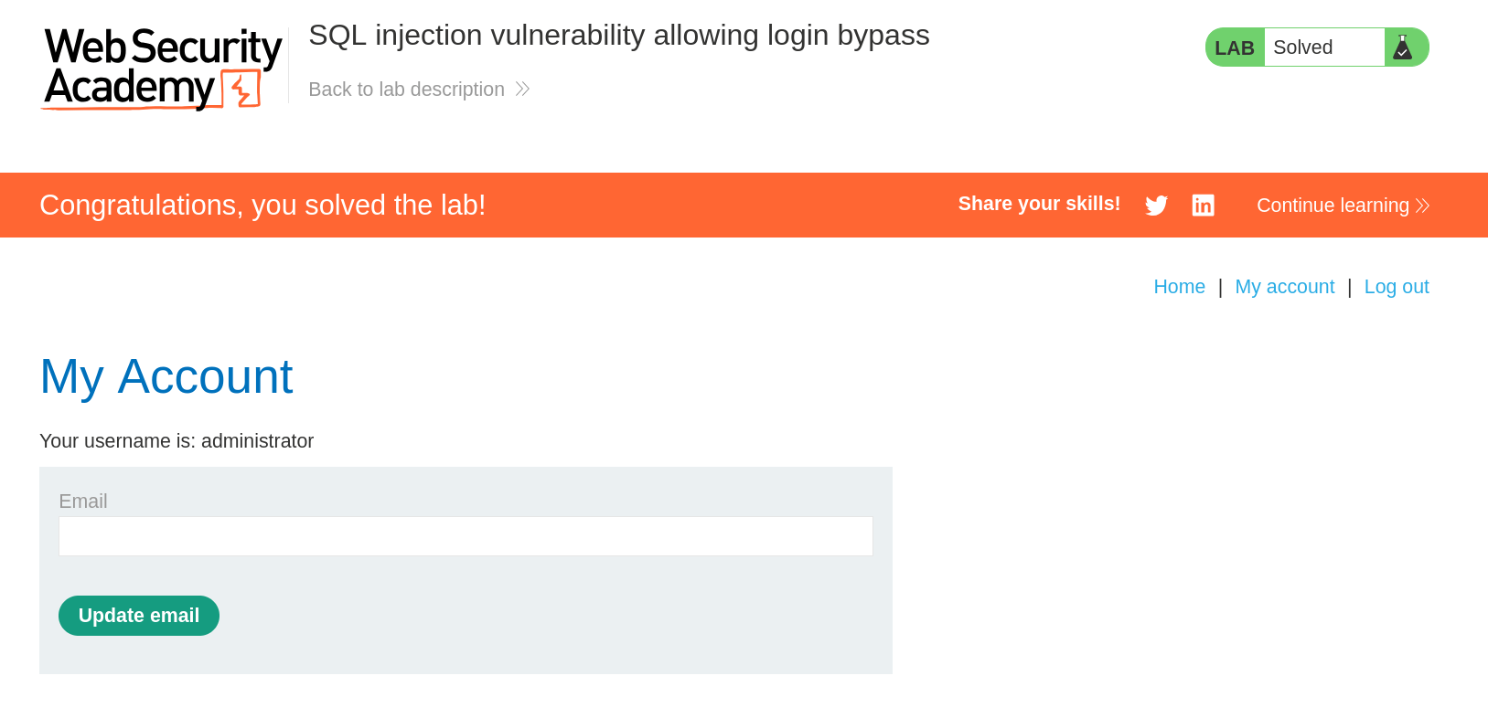 Successful login as administrator after SQL injection