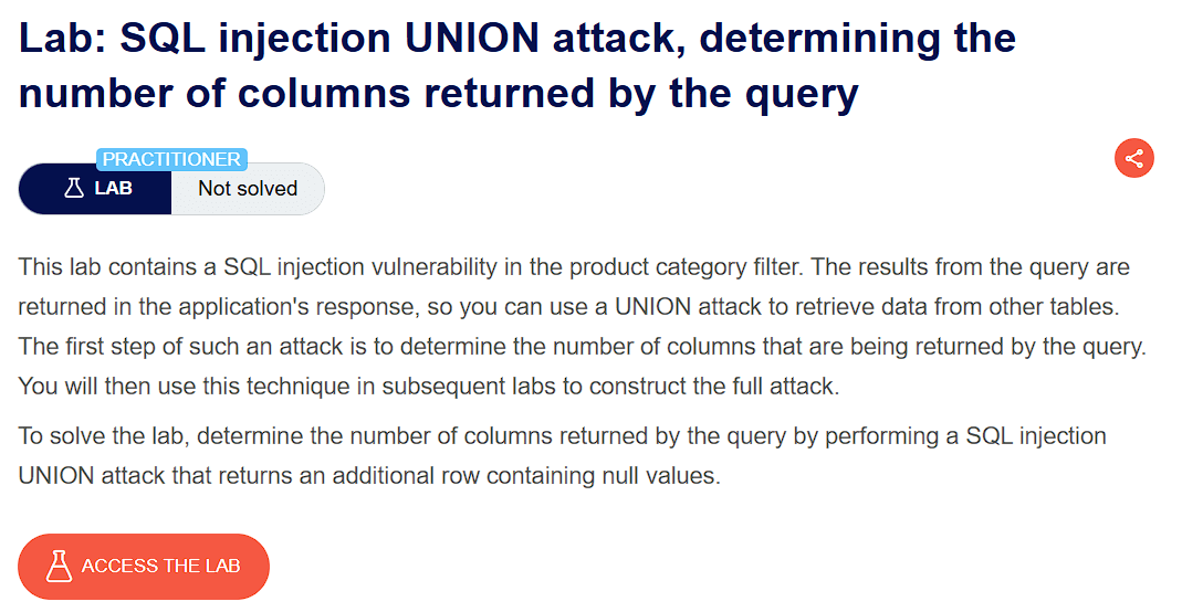 PortSwigger lab description page for SQL Injection – UNION Column Discovery