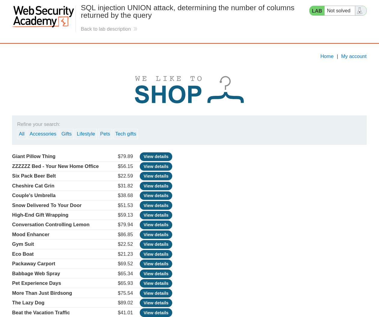 SQLi lab instance showing vulnerable shopping site