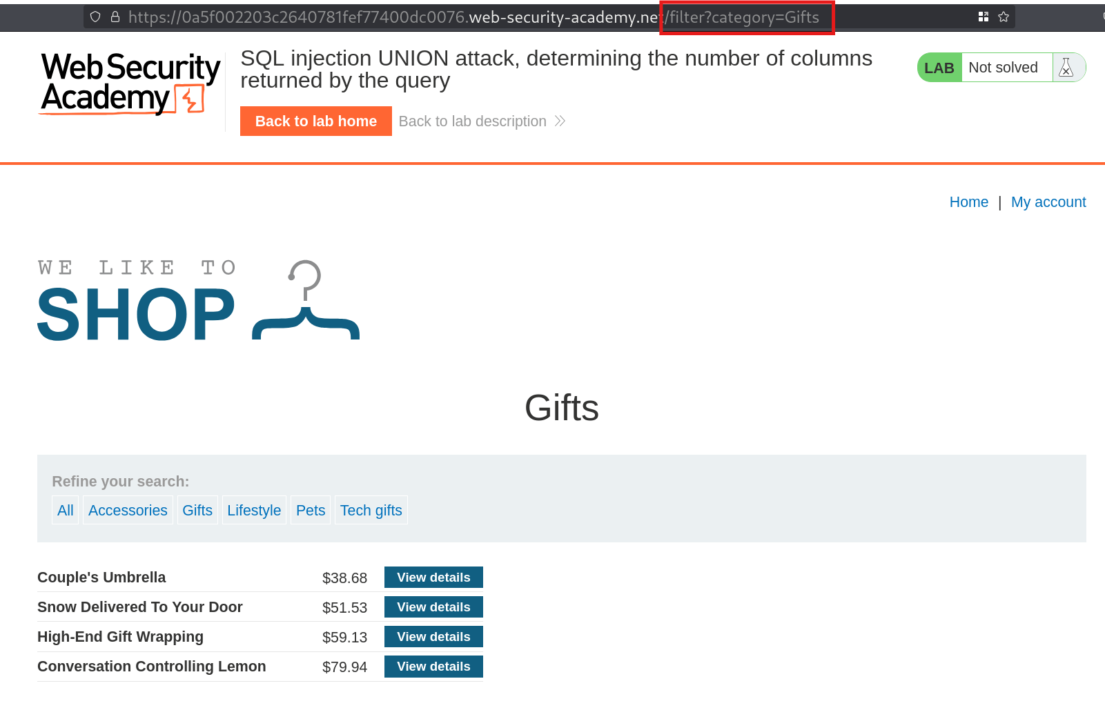 Browser address bar showing URL with filter parameter in category query string