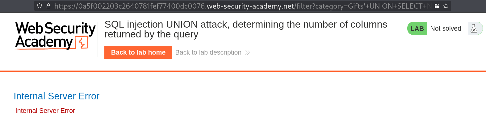 Error response after injecting SQL UNION payload with incorrect number of columns