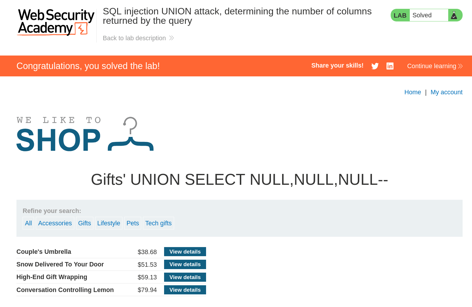 Successful SQL injection using UNION SELECT with three NULLs revealing correct column count