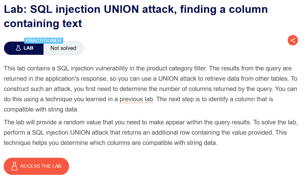 PortSwigger lab description page for SQL Injection – Find Column Containing Text