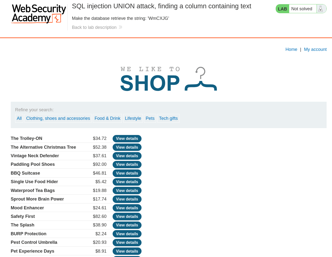 SQLi lab instance showing vulnerable shopping site