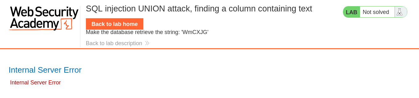 Server response showing error after injecting payload with string in first column